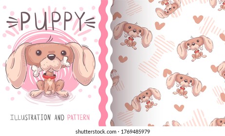 Cute dog wth bone - seamless pattern