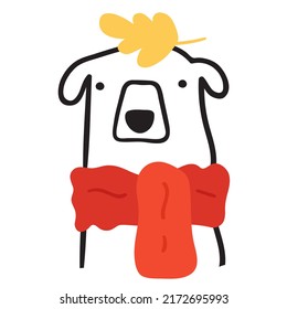 Cute dog with yellow leaf on his head. Vector hand drawn illustration on white background. 