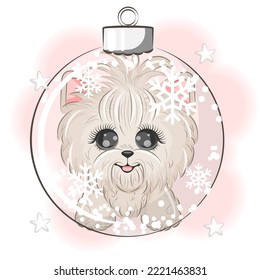 Cute dog Yorkshire Terrier in a Christmas tree ball vector illustration