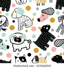 Cute doggie. Funny children's seamless pattern. Can be used in textile industry, paper, background, scrapbooking.Vector.