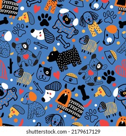 Cute doggie. Funny children's seamless pattern. Can be used in textile industry, paper, background, scrapbooking.Vector.