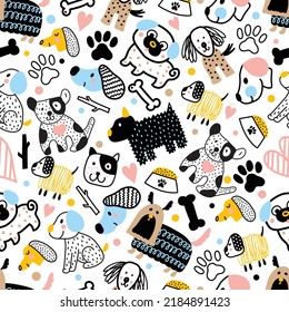 Cute doggie. Funny children's seamless pattern. Can be used in textile industry, paper, background, scrapbooking.Vector.