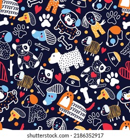 Cute doggie. Funny children's seamless pattern. Can be used in textile industry, paper, background, scrapbooking.Vector.