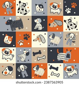 Cute doggie. Funny children's seamless pattern. Can be used in textile industry, paper, background, scrapbooking.Vector.