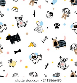 Cute doggie. Funny children's seamless pattern. Can be used in textile industry, paper, background, scrapbooking.Vector.