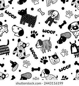 Cute doggie. Funny children's seamless pattern. Can be used in textile industry, paper, background, scrapbooking.Vector.