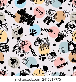Cute doggie. Funny children's seamless pattern. Can be used in textile industry, paper, background, scrapbooking.Vector.