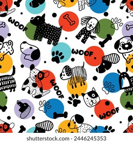 Cute doggie. Funny children's seamless pattern. Can be used in textile industry, paper, background, scrapbooking.Vector. Polka dot.