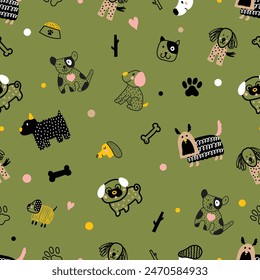 Cute doggie. Funny children's seamless pattern. Can be used in textile industry, paper, background, scrapbooking.Vector.