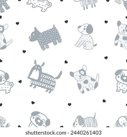Cute doggie and heart. Funny children's seamless pattern. Can be used in textile industry, paper, background, scrapbooking.Vector.