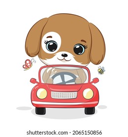 Cute doggie on the car. Cartoon vector illustration.