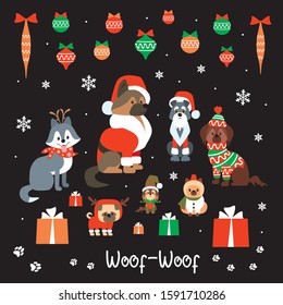 Cute doggies in Christmas costumes. Vector illustrations set.