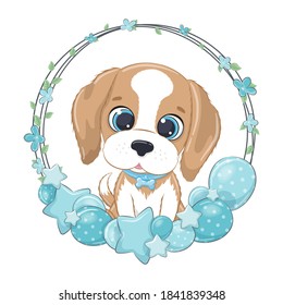 Cute doggy with balloon and wreath. Vector illustration for baby shower, greeting card, party invitation, fashion clothes t-shirt print.