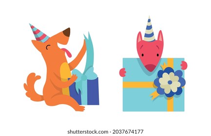 Cute Doggy Character in Birthday Hat Celebrating Holiday Vector Set