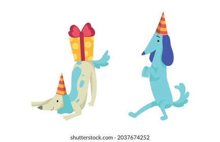 Cute Doggy Character in Birthday Hat Celebrating Holiday Vector Set