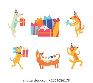 Cute Doggy Character in Birthday Hat Celebrating Holiday Vector Set