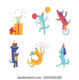 Cute Doggy Character in Birthday Hat Celebrating Holiday Vector Set