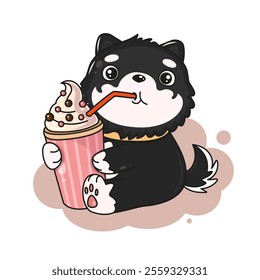 Cute doggy drinks milk cocktail kawaii illustration. Animal kawaii dog Characters