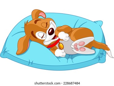 Cute doggy lies on the pillow 