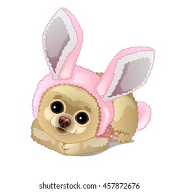 Cute Doggy In A Pink Bunny Suit. Vector Illustration.