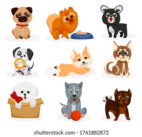 Cute Doggy Set. Isolated Playful Dog Puppies Of Different Breeds Icons. Cute Cartoon Doggy Pet Animal Characters Sitting, Playing, Eating. Bulldog, Pug, Chow Chow, Dalmatian, Corgi Collection