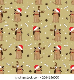 Cute dogs in antler and Santa hat, with bone and paw prints. Good for textile print, wrapping paper, cover, and backround for Christmas.