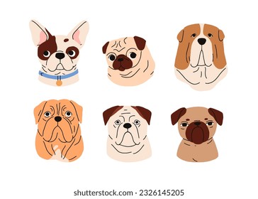 Cute dogs avatars set. Funny puppies, doggies faces, heads portraits. Adorable muzzles, snouts of different canine animal breeds, pug, bulldog. Flat vector illustrations isolated on white background