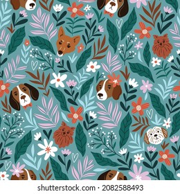 Cute dogs and beautiful flowers seamless pattern. Breeds of dog pattern design in hand-drawn style.
Vector animal print on turquoise background 