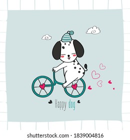 Cute Dogs and bicycles pet drawings Hand drawn pet Wearing a simple patterned costume Gestures Funny and fun Colorful face smile in Seamless pattern and illustration