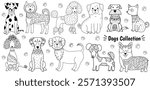 Cute dogs black and white set for coloring book. Funny pet characters for coloring page. Outline doodle animals collection in cartoon style. Vector illustration