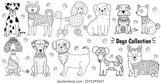 Cute dogs black and white set for coloring book. Funny pet characters for coloring page. Outline doodle animals collection in cartoon style. Vector illustration