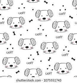 Cute dogs, bones, hearts and text seamless pattern