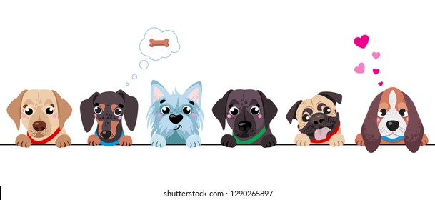 Cute dogs border set. Funny dog best friends. Happy friendship day. Vector illustration isolated on white background