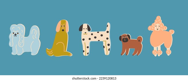 Cute dogs breed vector set. Set of funny cartoon dog and puppy pet isolated in vector.