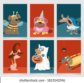 Perros con trajes de carnaval. Juego de tarjetas de felicitación de dibujos animados vectoriales.