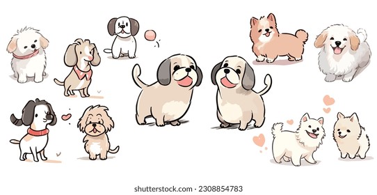 Cute dogs cartoon with different poses vector collections. Happy Poppy characters set pastel colored isolated white background.