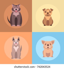 Cute dogs cartoon icons set. Happy doggies sitting with smiling muzzle and hanging out tongue flat vector on colorful background. Lovely purebred pets illustrationfor vet clinic, breed club or shop ad