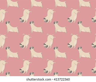  Cute dogs. Cartoon pugs. Vector seamless pattern