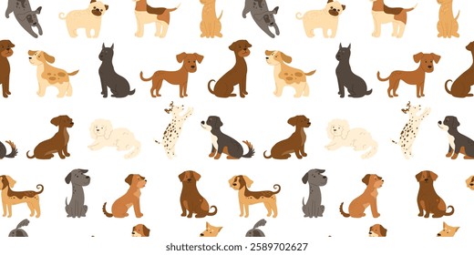 Cute Dogs cartoon seamless pattern. Funny childish dogs of different breeds boundless background. Puppy in various poses playing sitting, standing endless template design. Pedigree pet animals vector