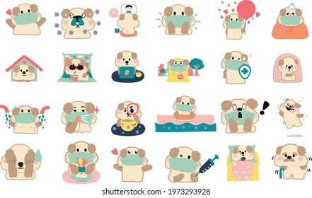 Cute dogs cartoon vector set Life during Covit concept