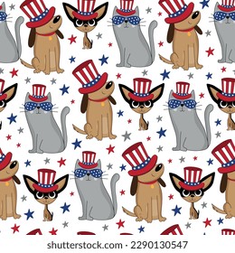 Cute Hunde und Katze in den USA patriotisches Hut nahtlose kindliche Muster. Funny Cartoon Tier Charakter für Stoff, Umhüllung, Textil, Tapete, Bekleidung. Vektorgrafik