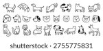 cute dogs and cats doodle hand drawn icon set. Sitting, standing. Outline drawing cats and dogs faces line clipart symbol collection. Vector illustration