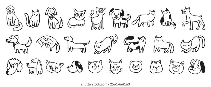 cute dogs and cats doodle hand drawn icon set. Sitting, standing. Outline drawing cats and dogs faces line clipart symbol collection. Vector illustration