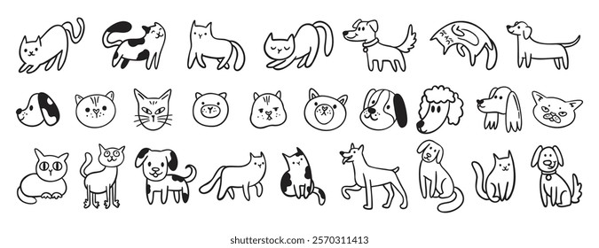 cute dogs and cats doodle hand drawn icon set. Sitting, standing. Outline drawing cats and dogs faces line clipart symbol collection. Vector illustration