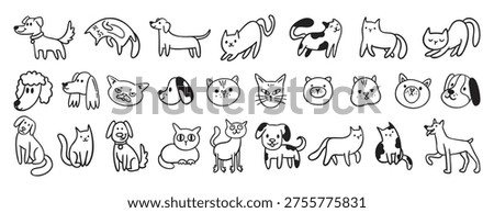 cute dogs and cats doodle hand drawn icon set. Sitting, standing. Outline drawing cats and dogs faces line clipart symbol collection. Vector illustration