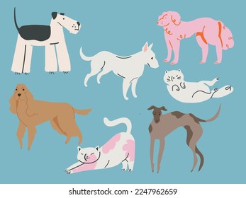 Juego de vectores de doodle para perros y gatos. Perros de dibujos animados y gatos colección de dibujos con color plano en diferentes poses. Diseño de cartón. Todos los elementos están aislados 