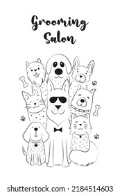 Cute dogs and cats in doodles style. Black and white vector image for a veterinary clinic, business card, site, grooming salon.