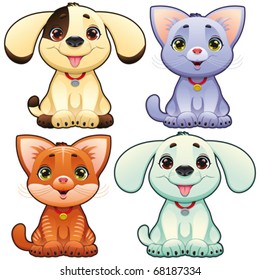 Cute dogs and cats. Funny cartoon and vector animal characters, isolated objects.