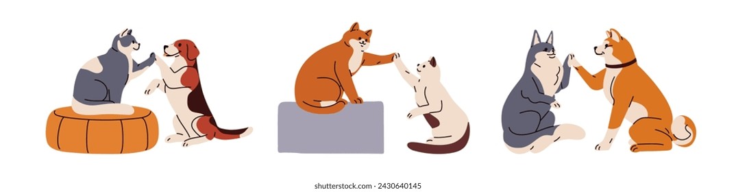 Lindos perros y gatos dando cinco con patas. Divertidos amigos de mascotas saludando con un gesto de aplauso, diciendo hola. Felices animales caninos y felinos. Ilustración vectorial gráfica plana aislada sobre fondo blanco