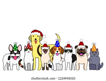 cute dogs and cats group with party hat